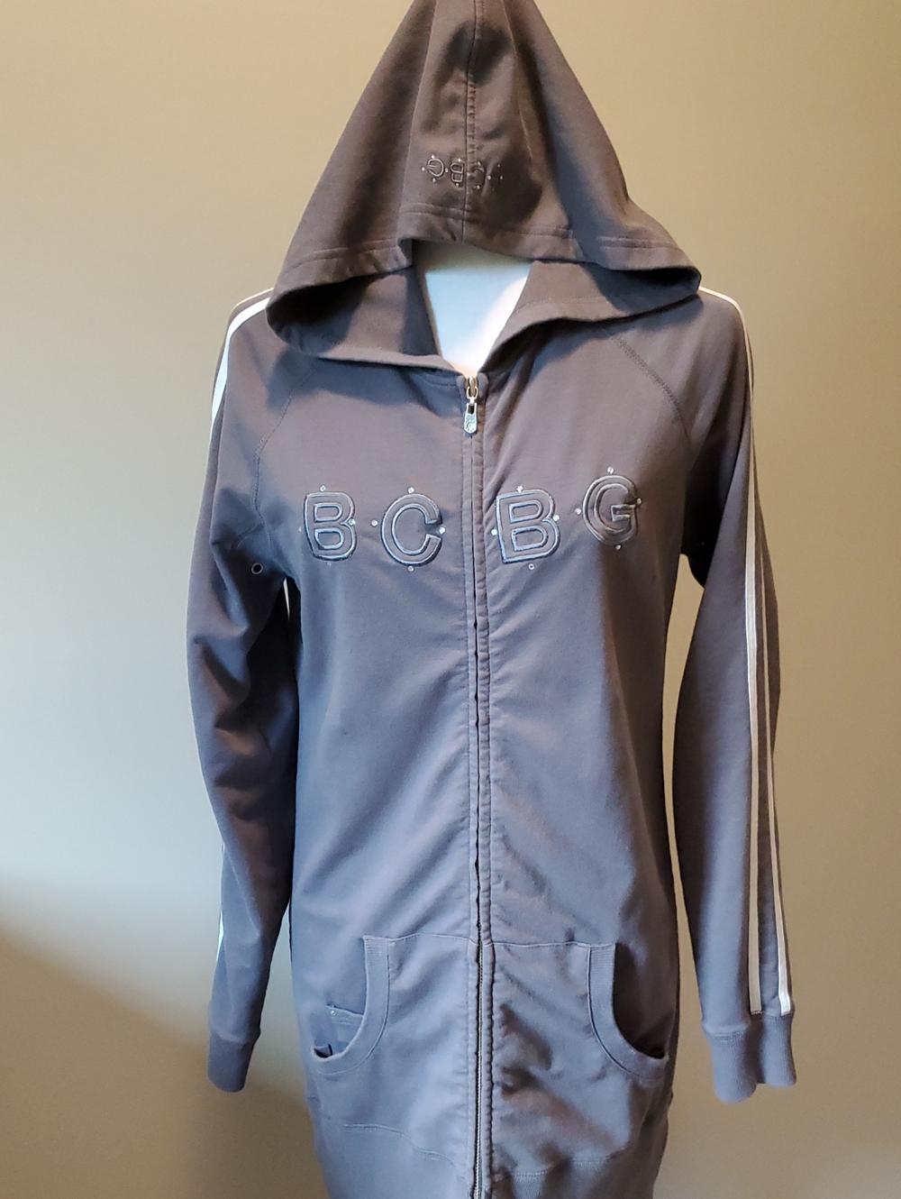 BCBG  Toupe Hooded Zip-Front Sweatshirt with Stripe Detail